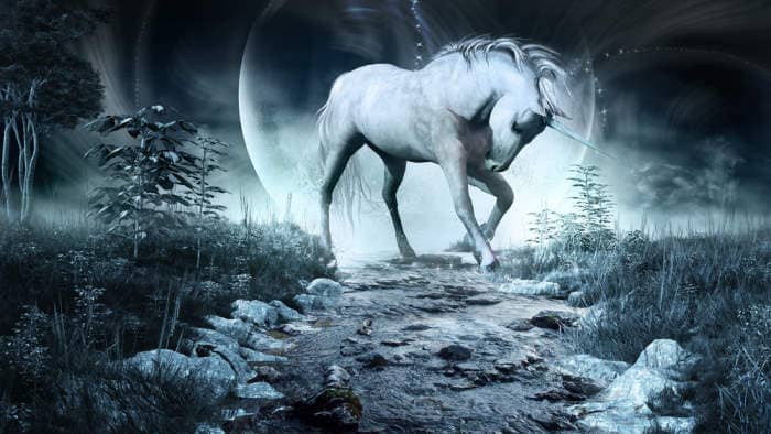 Night scene with unicorn, near a creek and moon