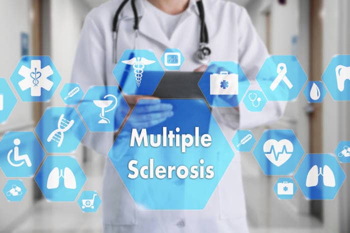 Medical Doctor and Multiple sclerosis , neurological disorder words in Medical network connection on the virtual screen on hospital background.