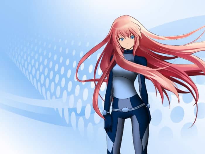 Anime character with red hair and blue suit